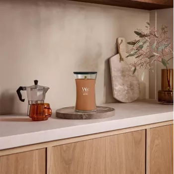 WoodWick Radiant Amber Bougie parfumée 609,5g avec mèche en bois, jusqu'à 180 heures de combustion, bocal en verre sablier