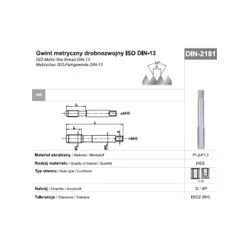 M22 x 1.5 mm Metric Fine Machine Tap, HSS, DIN 2181, 6H, Straight Flute, Right-Hand, NGMM/1