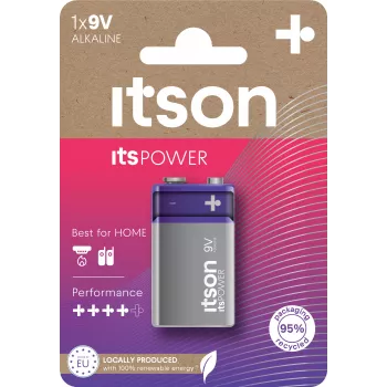 Pile alcaline ITSON 6LR61IPO/1CP 9V (6LR61, PP3, 1 pack) – sans mercure, conservation 5 ans