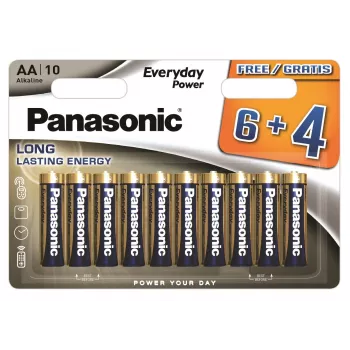Piles alcalines AA Panasonic Everyday Power LR6 lot de 10 (6+4 gratuites) - 1,5V, conservation 10 ans, Triple Tough Coating