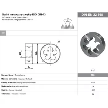 NO NAME FANAR DIE M16 LEFT THREAD Filière ronde à fileter, HSS, DIN 223, 6g, métrique M16 x 2,0 mm, à gauche