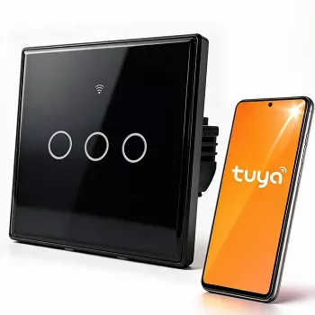 Qoltec 52713 interrupteur tactile intelligent 3 voies Wi-Fi minuterie Tuya Smart Life verre trempé noir
