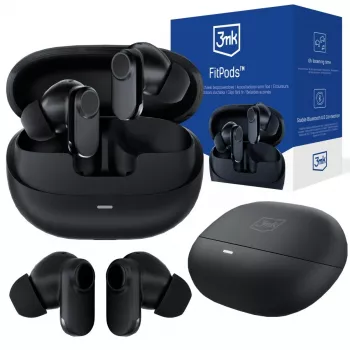 Écouteurs True Wireless Stereo FitPods BT 6.0 3mk avec boîtier de charge, Bluetooth 6.0, commande tactile, IPX4, noirs