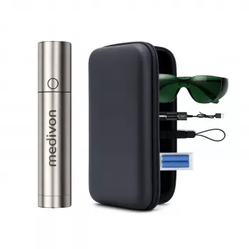 Lampe de luminothérapie LED compacte MEDIVON Lumix, 5 longueurs d'onde 460–900 nm, minuterie 5 minutes, batterie Li-ion, argent