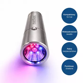 Lampe de luminothérapie LED compacte MEDIVON Lumix, 5 longueurs d'onde 460–900 nm, minuterie 5 minutes, batterie Li-ion, argent