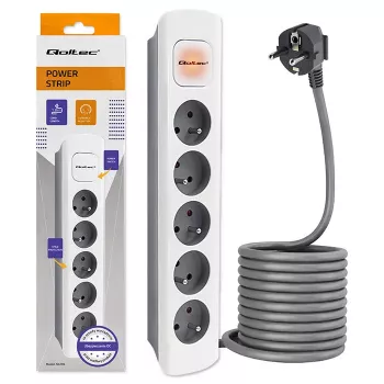 Qoltec Multiprise 5 prises avec interrupteur, câble 1,8 m, blanc-gris