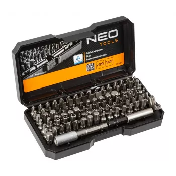 Coffret d'embouts de tournevis NEO TOOLS 99 pièces avec poignée, acier S2, hex 1/4 pouce, fente, Phillips, Pozidriv, Torx, Torx de sécurité, hex, hex de sécurité, carré, Spanner, Tri-Wing, Torq-Set, Clutch, porte-embout magnétique, adaptateur, rallonge, boîtier de rangement