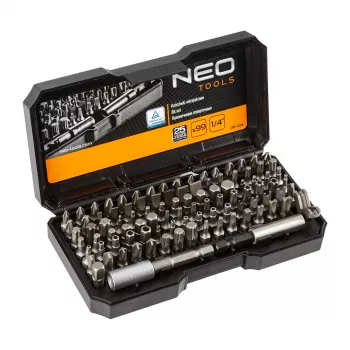 Coffret d'embouts de tournevis NEO TOOLS 99 pièces avec poignée, acier S2, hex 1/4 pouce, fente, Phillips, Pozidriv, Torx, Torx de sécurité, hex, hex de sécurité, carré, Spanner, Tri-Wing, Torq-Set, Clutch, porte-embout magnétique, adaptateur, rallonge, boîtier de rangement