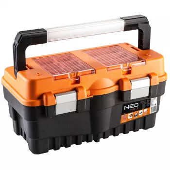 Caisse à outils NEO TOOLS 18 TOP-84-102 | organisateur à bras articulés avec 2 plateaux et fermetures métalliques