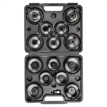 Jeu de clés à douilles pour filtre à huile NEO TOOLS 16 pièces (65-100 mm, entraînement 3/8 pouce, type cloche, cannelures multiples, acier, mallette moulée)