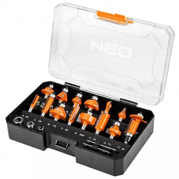 NEO TOOLS Coffret de 15 fraises à bois en carbure de tungstène avec queue de 8 mm dans un coffret en bois