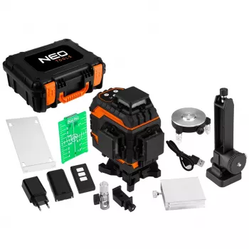 NEO TOOLS 75-140 Niveau laser 3D, 12 lignes vertes, 3 x 360°, rechargeable, avec mallette de transport, plaque de visée, fixation magnétique, chargeur