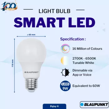 Ampoule LED connectée Blaupunkt E27 9W A60 – blanc réglable et RGB, Wi-Fi, Alexa/Google Assistant