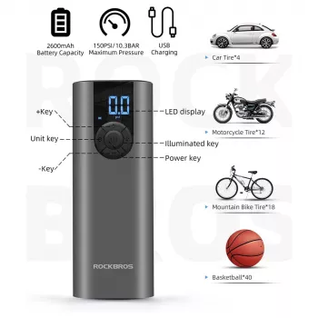 Pompe à vélo électrique ROCKBROS avec affichage LED, recharge USB-C, 150 PSI, Presta/Schrader/Dunlop, noire