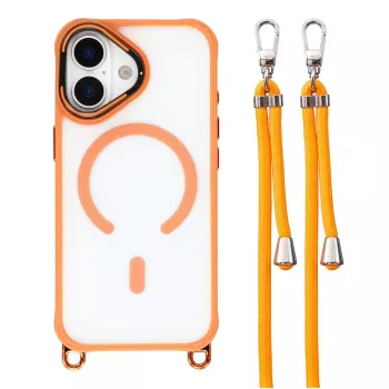 Étui bandoulière HURTEL pour iPhone 17 avec dragonne réglable et béquille cadre appareil photo, compatible MagSafe, orange