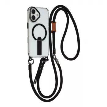Étui HURTEL pour iPhone 17 avec support, sangle courte 30 cm et sangle longue 120 cm, compatible MagSafe - noir