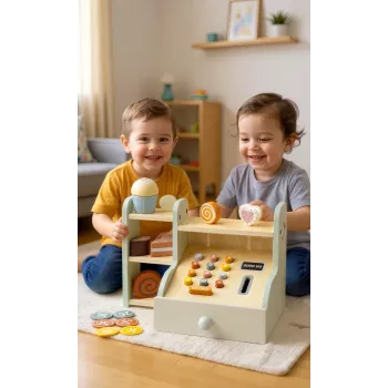 Caisse enregistreuse en bois PROMIS pour enfants – caisse de magasin de jeu de rôle avec monnaie factice, scanner et carte de crédit