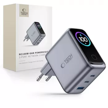 Chargeur mural TECH-PROTECT PowerVision NC100W GaN 100W 3 ports USB-C PD et USB-A QC3.0 - gris foncé