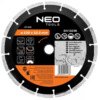 Disque diamant segmenté laser NEO TOOLS 230 mm pour béton et pierre, alésage 22,2 mm