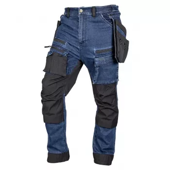 NEO TOOLS Pantalon de travail en denim avec renforts Cordura et poches porte-outils amovibles, bleu marine, taille S