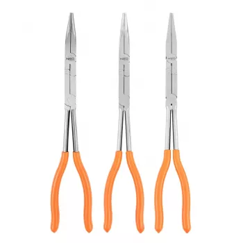 Jeu de pinces à double articulation NEO TOOLS 01-293, 3 pièces, acier chrome-vanadium, 280 mm, becs droits, coudés à 45° et 90°, poignées ergonomiques antidérapantes