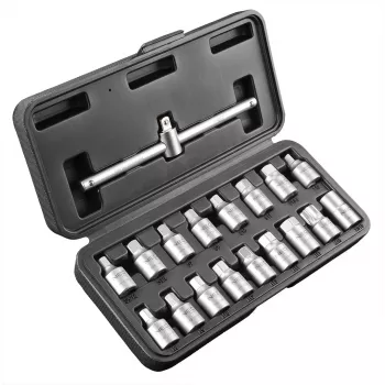 Jeu de clés de vidange d'huile NEO TOOLS 18 pièces, entraînement 3/8 pouces, chrome-vanadium, douilles carrées/hexagonales/Torx/cannelées, coffret moulé