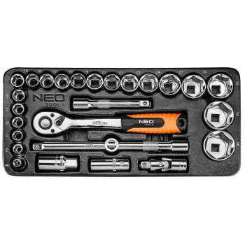 Jeu de clés à douilles NEO TOOLS 84-238 1/2 pouces 27 pièces avec cliquet, rallonges, joint universel, poignée coulissante en T et coffret | acier CrV | 10-32 mm