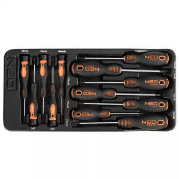 Jeu de tournevis de précision et standard NEO TOOLS 12 pièces avec PZ, TX, plat, Phillips, embouts magnétiques, acier chrome-vanadium, manches bi-matière, plateau de rangement