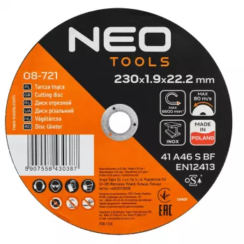 Disque à tronçonner pour métal/INOX NEO TOOLS 230 x 1,9 x 22,2 mm, 41 A46-S-BF, 25 pièces