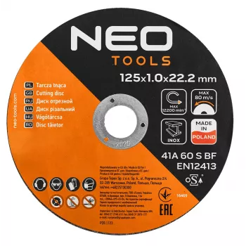NEO TOOLS disques à tronçonner 41A 60 S BF - 125x1,0x22,23 mm ACIER/INOX, 100 pièces en seau