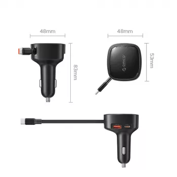 ORICO FC-66-1A2C Chargeur de voiture 66W avec câble USB-C rétractable - noir