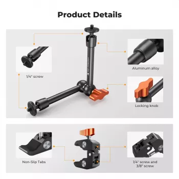 Kit de fixation KF Magic Arm + Super Clamp avec filetages 1/4 inch et 3/8 inch, mâchoire 15-55 mm, noir