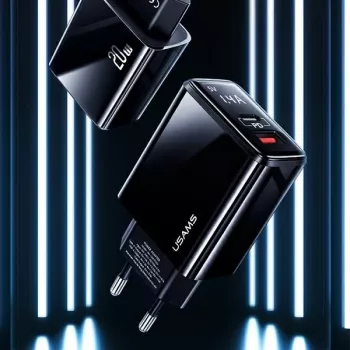Chargeur mural USAMS 20W double port USB-C PD3.0 + USB-A QC3.0 (prise EU, noir)