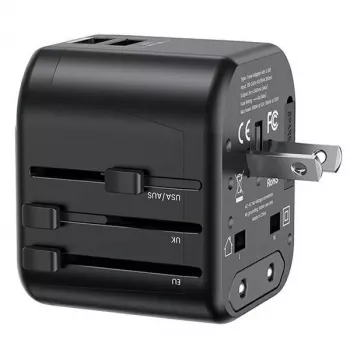 Chargeur de voyage universel USAMS T55 2xUSB 12W US/AU/EU/UK noir CC173TC01