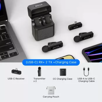 Système de micro-cravate sans fil BOYA BY-V30 pour appareils USB-C, 2,4 GHz, portée 50 m, batterie 9 heures, réduction de bruit, noir