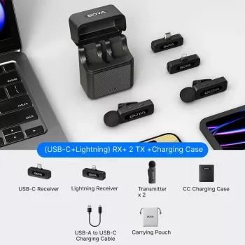 Système de micro sans fil 2,4 GHz BOYA BY-V3 Combo avec 2 émetteurs et 2 récepteurs (Lightning et USB-C) - noir