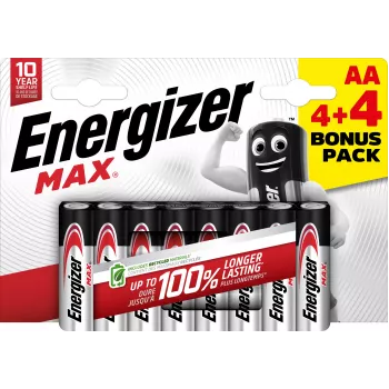 Piles alcalines Energizer Max AA, 1,5 V, lot de 8 (4+4)