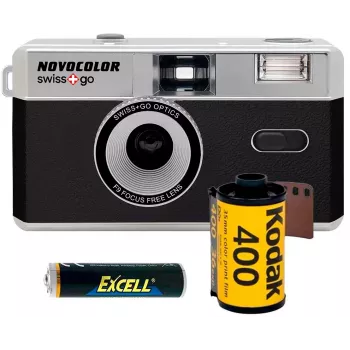 Pack appareil photo analogique 35 mm Swiss+Go Novocolor avec flash, étui, dragonne et film Kodak (SWI401608)