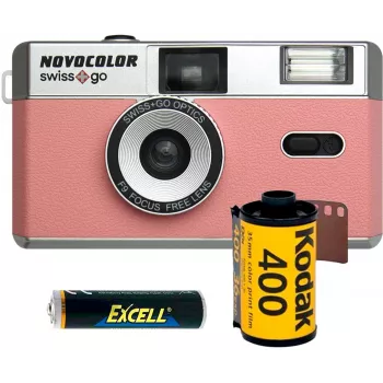 Pack appareil photo analogique 35mm Swiss+Go Novocolor avec flash, rose (SWI401611)