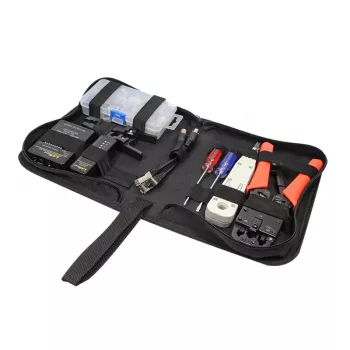 Kit d'outils réseau professionnel DSIT DC-TOOLSET-PRO avec pince à sertir, testeur, outil d'insertion, pinces, tournevis, connecteurs et étui à fermeture éclair