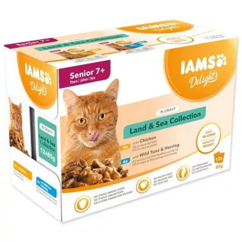 IAMS Delights Senior Land & Sea Collection in Gravy – nourriture humide pour chats – 12x85g