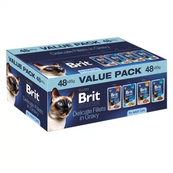 Filets délicats Brit en sauce pour chats adultes - multipack 48x85g (poulet, bœuf, dinde, saumon)