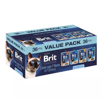 Filets délicats Brit en sauce pour chats adultes - viandes et poissons assortis, 36 sachets de 85 g