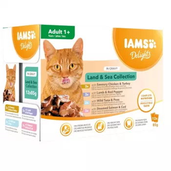 Nourriture humide pour chats EUKANUBA IAMS DELIGHTS Land & Sea Collection en sauce – 12 sachets de 85g (saumon et cabillaud, poulet et dinde, agneau et poivron rouge)