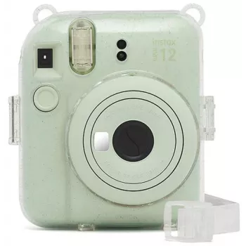 Housse pailletée Fujifilm Instax Mini 12 - Étui d'appareil photo transparent à paillettes avec bandoulière réglable, fermeture magnétique, protection sur mesure en cuir PU et PVC pour Instax Mini 12
