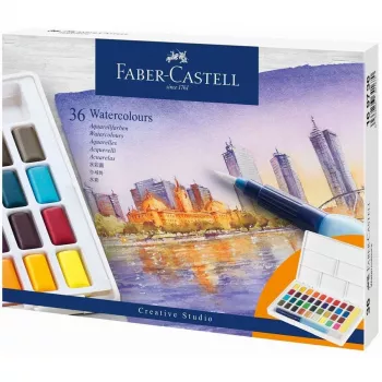 Set de peinture aquarelle Faber-Castell Creative Studio, 36 couleurs en godets solides avec pinceau et éponge, palette de mélange dans le couvercle, qualité étudiante, transparent, rechargeable, boîte en plastique portable