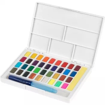 Set de peinture aquarelle Faber-Castell Creative Studio, 36 couleurs en godets solides avec pinceau et éponge, palette de mélange dans le couvercle, qualité étudiante, transparent, rechargeable, boîte en plastique portable