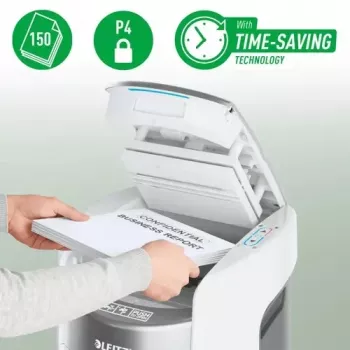 Destructeur de documents Leitz IQ Optimax AutoFeed 150 P-4 coupe en particules avec alimentation automatique 150 feuilles et bac 15L, noir