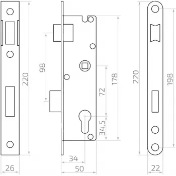Serrure encastrée PSG 63.211 L/P avec pêne et verrou, réversible, têtière 220 x 22 mm, PZ 72 mm, entraxe 50 mm, acier zingué
