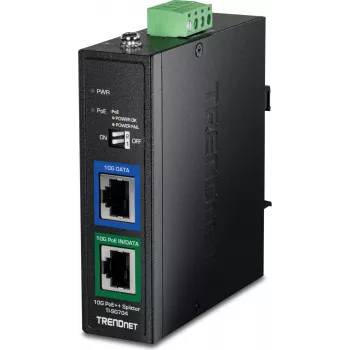 Splitter PoE++ 10G industriel TRENDnet TI-SG704, 802.3bt Type 4, sortie 12V/24V/48V DC, montage sur rail DIN/mural, métal IP30